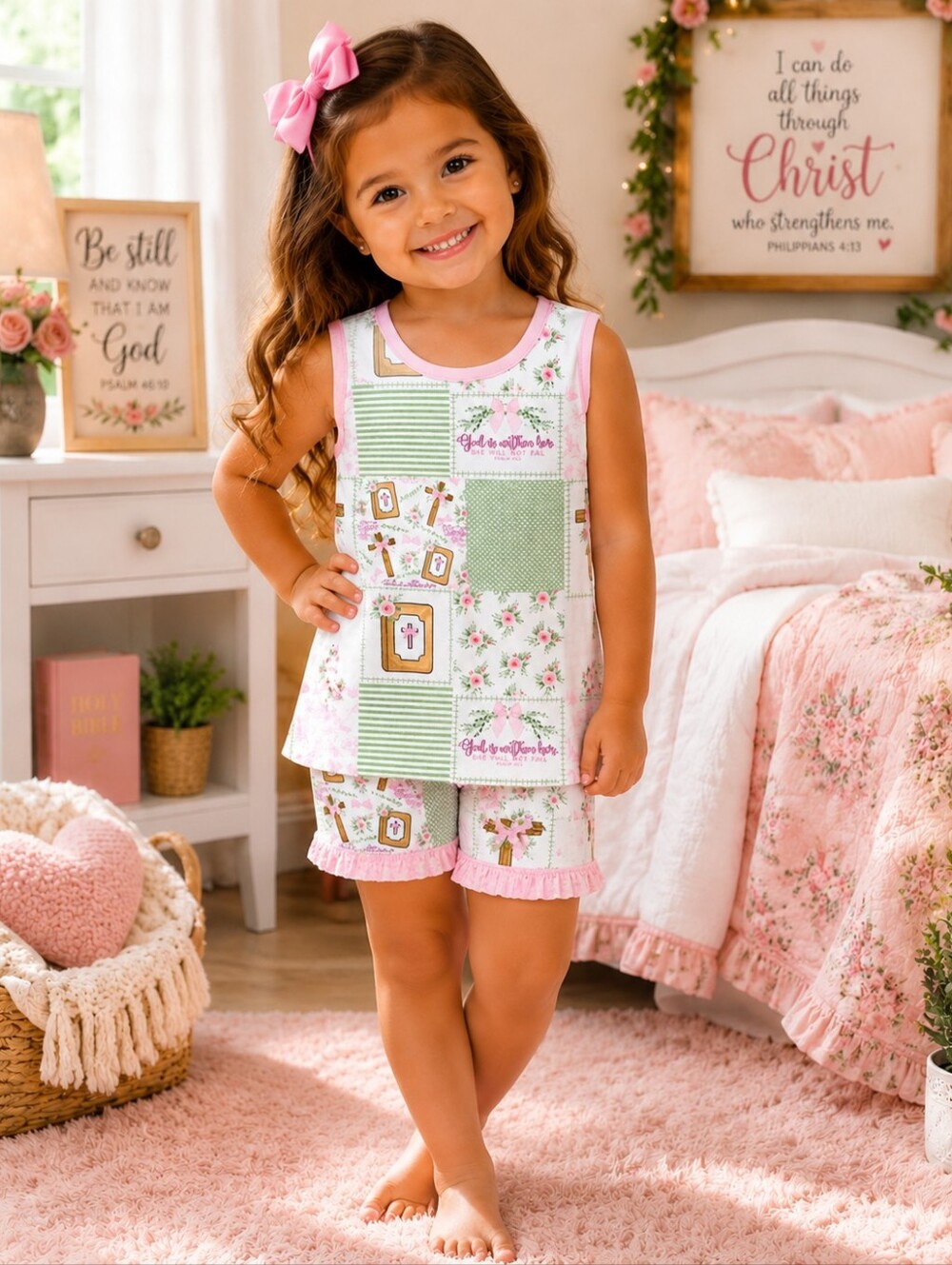 Faith-Based Bamboo Patchwork Floral Pajama Set Girls Size 4T NWOT